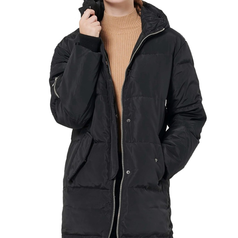 Orolay Women’s Black Hooded Puffer Coat | Mid-Length | Size S